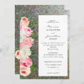 Roze & Grijs Bloemige & Zilveren Glitter Bruiloft Kaart (Voorkant / Achterkant)