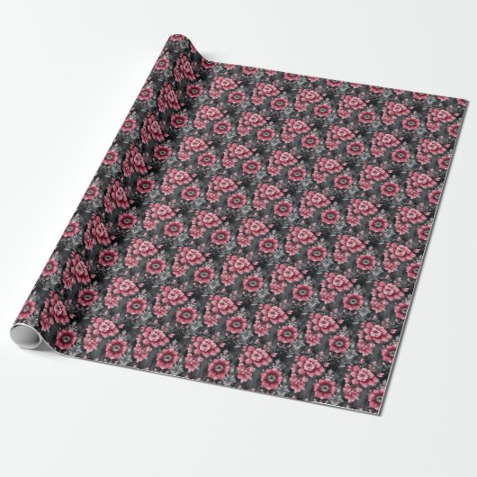 Roze & Grijs Bloemmotief Cadeaupapier (Uitgerold)