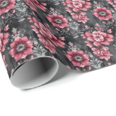 Roze & Grijs Bloemmotief Cadeaupapier (Rol Hoek)