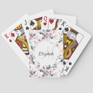 Roze & Grijs Bloemmotief Watercolor Monogram Pokerkaarten