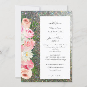 Roze & Grijs Bloemmotief & Zilver Glitter Bruiloft Kaart