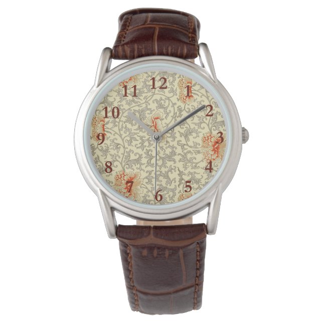  Roze Grijs Botanische Bloemen Horloge (Voorkant)