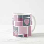 Roze grijs bruine patchwork van vierkante lapjes koffiemok (Voorkant rechts)