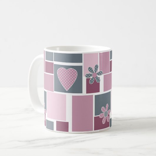 Roze grijs bruine patchwork van vierkante lapjes koffiemok (Voorkant links)