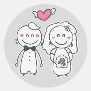 Roze & Grijs Cartoon Bruid En Bruidegom Huwelijk Ronde Sticker