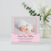 Roze Grijs Chevron Meisje Foto Geboorte Aankondigi Aankondiging (Staand voorkant)