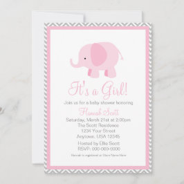 Roze Grijs Chevron Olifanten Meisje Baby shower Ui Kaart