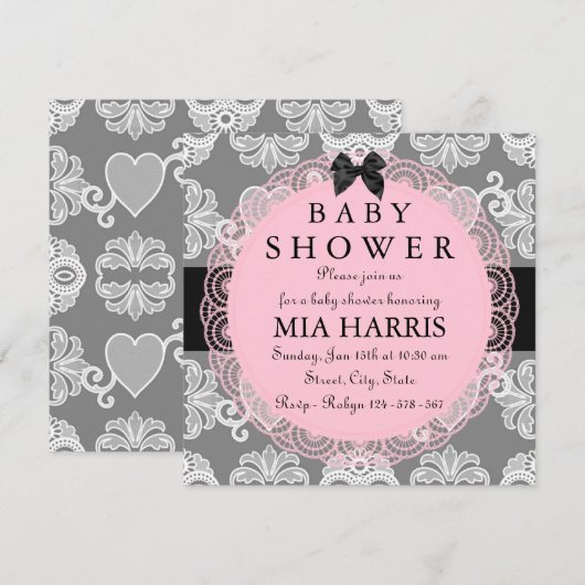 Roze & Grijs  Chic Baby shower Uitnodiging (Voorkant / Achterkant)