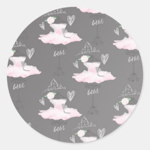 Roze & Grijs Couture Ballerina Verjaardagsfeestje Ronde Sticker