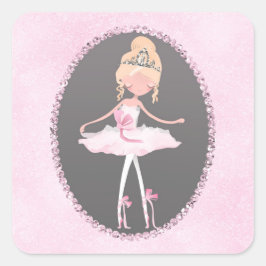 Roze & Grijs Couture Ballerina Verjaardagsfeestje Vierkante Sticker