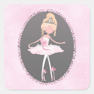 Roze & Grijs Couture Ballerina Verjaardagsfeestje Vierkante Sticker