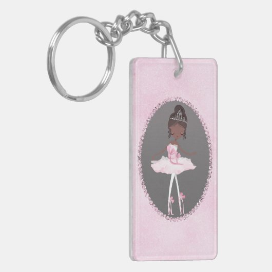 Roze & Grijs Couture Donkere Huid Ballerina Meisje Sleutelhanger (Voorkant Links)