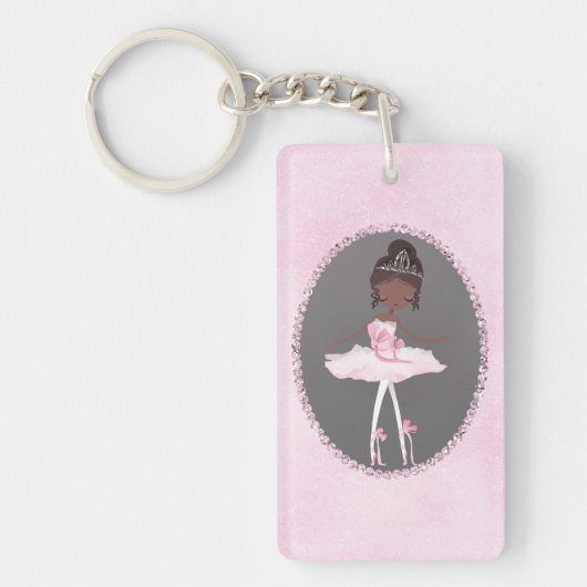 Roze & Grijs Couture Donkere Huid Ballerina Meisje Sleutelhanger (Voorkant)