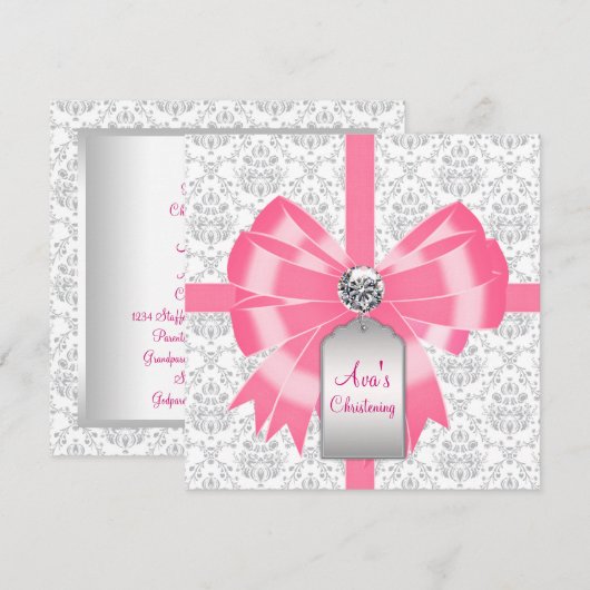 Roze Grijs Damask Baby Meisje Doop Doop Doop Kaart (Voorkant / Achterkant)