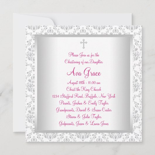 Roze Grijs Damask Baby Meisje Doop Doop Doop Kaart (Achterkant)