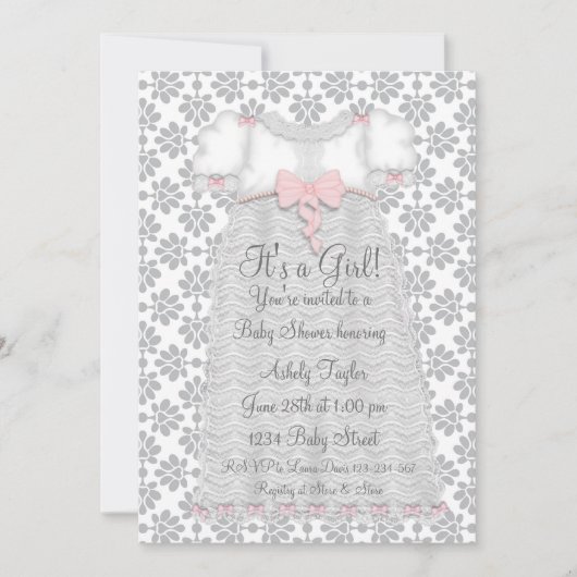 Roze Grijs Damask Baby Meisje Douche Kaart (Voorkant)