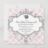 Roze Grijs Damask Baby Meisje Douche Uitnodigingen (Achterkant)