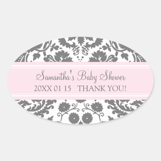 Roze Grijs Damask Baby shower Favor Stickers (Voorkant)