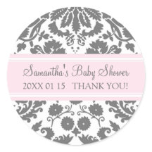 Roze Grijs Damask Baby shower Favor Stickers