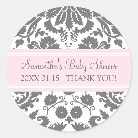 Roze Grijs Damask Baby shower Favor Stickers (Voorkant)