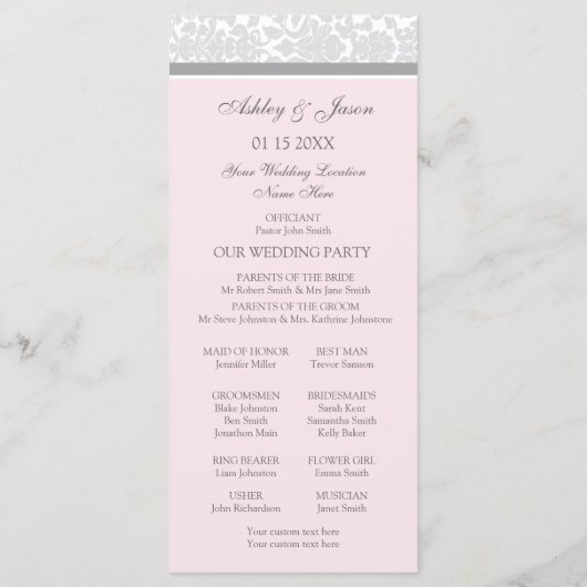 Roze Grijs Damask Wedding Program Programmakaart (Achterkant)