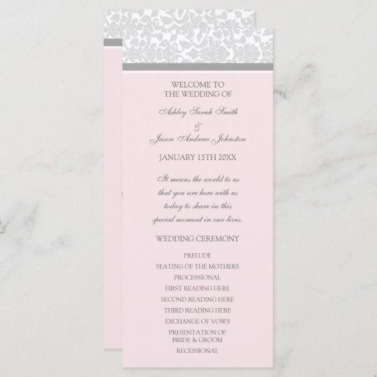 Roze Grijs Damask Wedding Program Programmakaart (Voorkant / Achterkant)