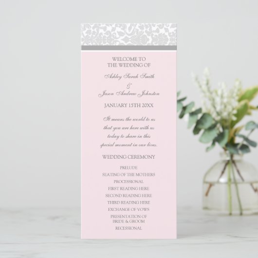 Roze Grijs Damask Wedding Program Programmakaart (Staand voorkant)