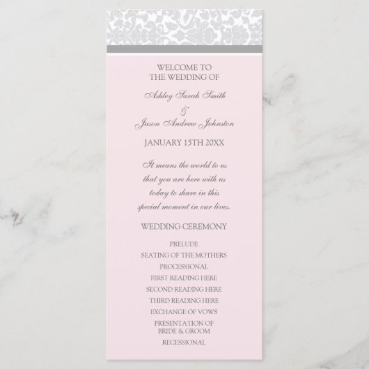 Roze Grijs Damask Wedding Program Programmakaart (Voorkant)