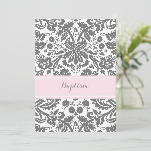 Roze Grijs Damaskus Doop Uitnodiging (Staand voorkant)