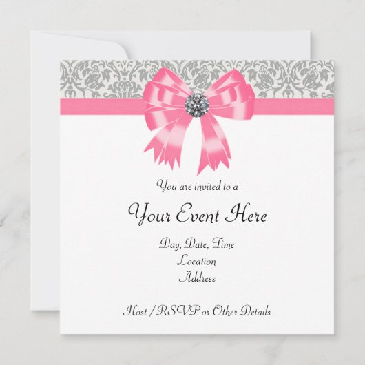 Roze Grijs Damast Feest Uitnodiging Sjabloon (Achterkant)