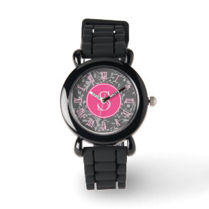 Roze, grijs damast grafisch monogram meisjes horlo horloge