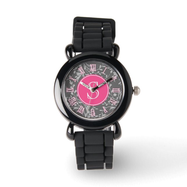 Roze, grijs damast grafisch monogram meisjes horlo horloge (Voorkant)