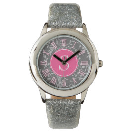 Roze, grijs damast grafisch monogram meisjes horlo horloge