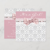 Roze Grijs Damast Roze Grijs Baby Meisje Douche Kaart (Voorkant / Achterkant)