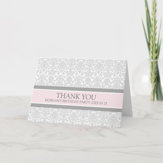 Roze Grijs Damast Verjaardagsfeest Dankjewel Kaart (Voorkant)
