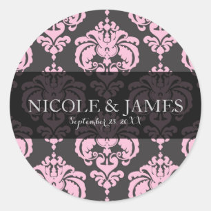 Roze & Grijs Damast Vintage Trouwfeest Favoriet Ge Ronde Sticker