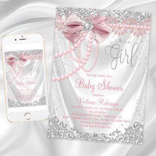 Roze Grijs Diamant Parel Meisjesachtige Baby Showe Kaart