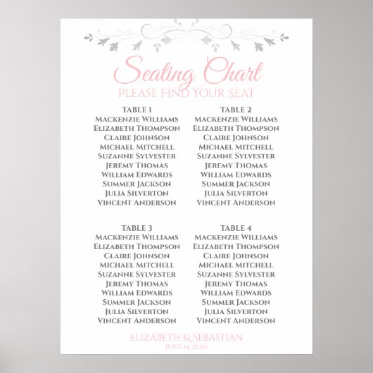 Roze & Grijs Eenvoudig 4 Tafel Trouw Zittijd Chart Poster (Voorkant)