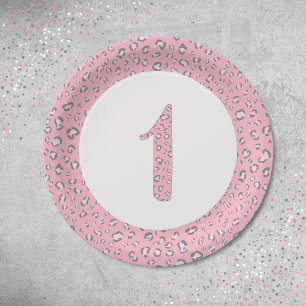 Roze Grijs Eerste Verjaardag 2 Luipaard Patroon Papieren Bordje