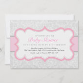 Roze & Grijs Elegant Damask Baby shower Uitnodigen Kaart (Voorkant)