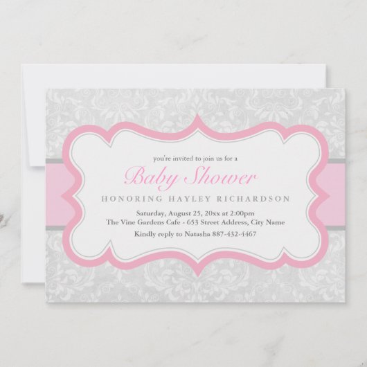 Roze & Grijs Elegant Damask Baby shower Uitnodigen Kaart (Voorkant)