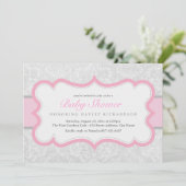 Roze & Grijs Elegant Damask Baby shower Uitnodigen Kaart (Staand voorkant)