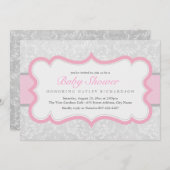 Roze & Grijs Elegant Damask Baby shower Uitnodigen Kaart (Voorkant / Achterkant)
