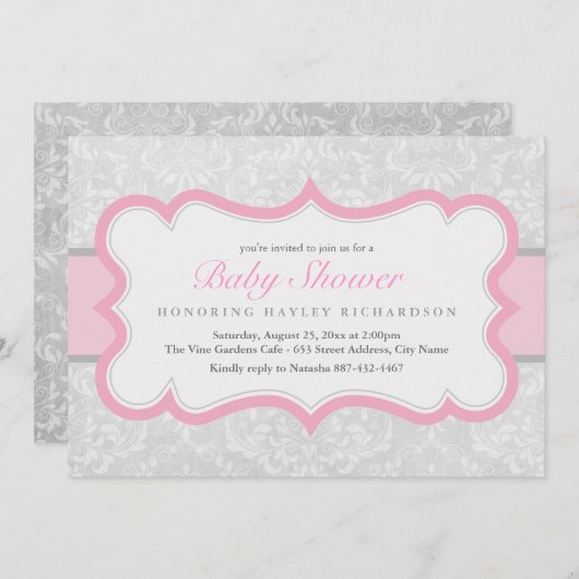 Roze & Grijs Elegant Damask Baby shower Uitnodigen Kaart (Voorkant / Achterkant)