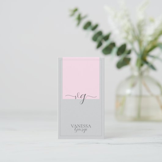 Roze Grijs Elegant Schattige Modern Monogram Custo Visitekaartje (Staand voorkant)