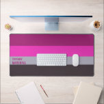 Roze grijs en donker gedempt Paarse streepjespatro Bureaumat<br><div class="desc">Verbeter uw werkruimte met de Pink, Grey en Dark Muted Paarse Stripes Pattern Desk Mat. Met een stijlvol gestreept ontwerp voegt deze mat een moderne en geavanceerde touch toe en biedt hij een glad oppervlak voor uw toetsenbord en muis. Ideaal voor thuiskantoren, gamesetups of creatieve werkruimtes, het is een geweldige...</div>