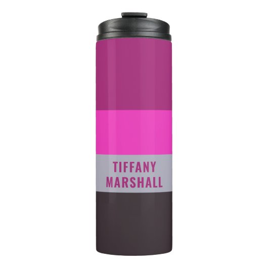 Roze grijs en donker gedempt Paarse streepjespatro Thermosbeker (Voorkant)