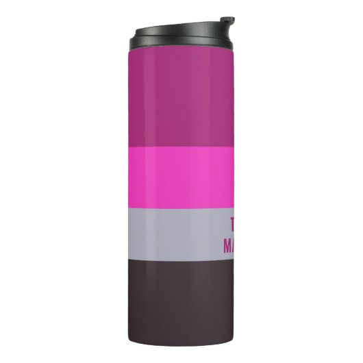 Roze grijs en donker gedempt Paarse streepjespatro Thermosbeker (Gedraaid links)