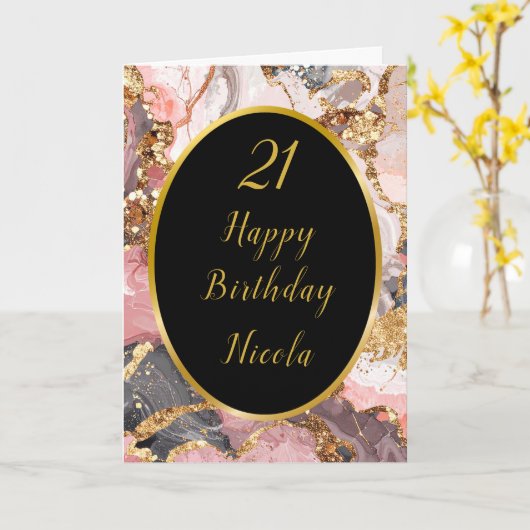 Roze, Grijs en Goud Marmeren Agaat Verjaardagsfees Kaart (Gele Bloem)
