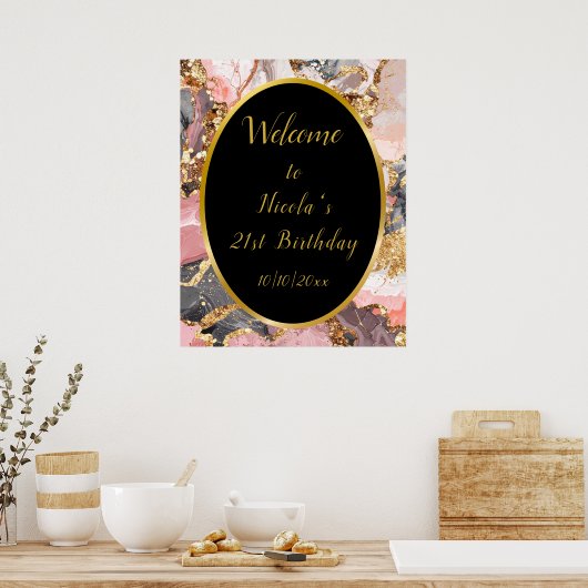 Roze, Grijs en Goud Marmeren Agaat Verjaardagsfees Poster (Keuken)